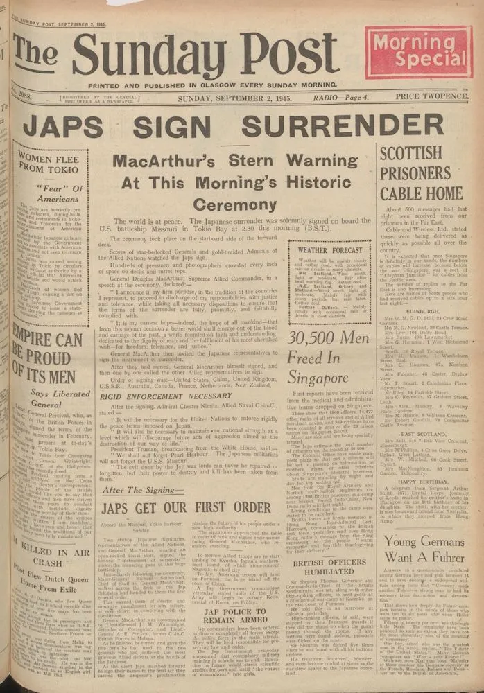 Front page of the Sunday Post from 2 September 1945